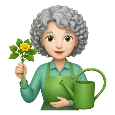 Older female florist – curly hair, hold garden watering pot sticker