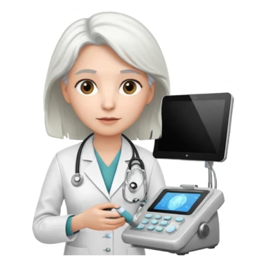 white haired female doctor working an ultrasound machine sticker