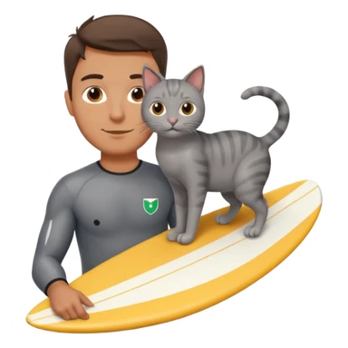 Create an emoji of an Italian guy surfing with a grey cat on his shoulder sticker
