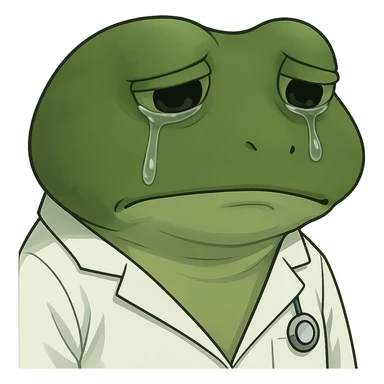 Add visible tears to the bufo frog doctor wearing a medical coat, with downcast sad eyes looking at the camera, no background. Keep the bufo frog style and emphasize the tears and sadness in the eyes clearly. sticker