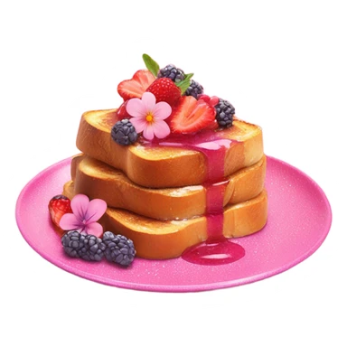 French Toast with pink syrup garnished with flowers and fruit on a pink glitter plate sticker