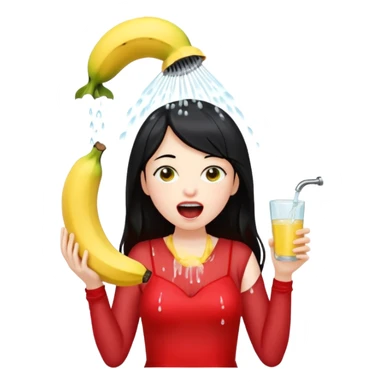 a girl with black hair and red dress with opened mouth drinking pale yellow water coming out from a shower looking like a banana above her head sticker