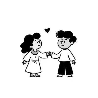 hand drawn cutesy tiny Jesus and a person, both smiling, with a small heart between them sticker