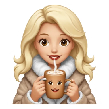 Tanned Girl with lashes , blonde hair, in an extremely big fluffy oversized coat and hold hot chocolate drink and half moon eyes , big lip sticker