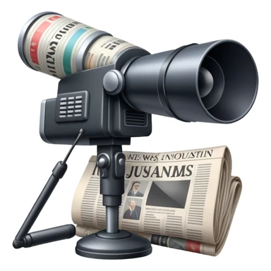 An icon featuring a microphone, a newspaper, a professional camera, representing journalism and mass media. The design includes headlines and imagery, symbolizing the spread of news and information. Transparent background highlights the power of communication and media. sticker