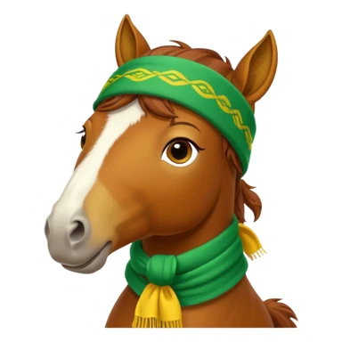 a fabulous funny winter horse in a green bandana hat with a yellow scarf sticker