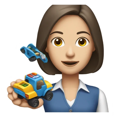 A white brunette woman who playing with the toys cars, and the word “Ok” at the top sticker