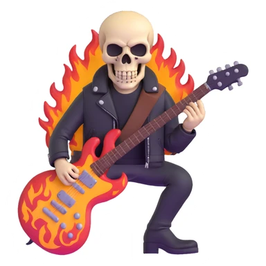 heavy metal skull with flames, electric guitar, leather jacket sticker