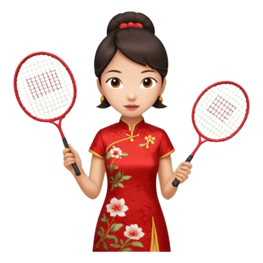 ancient cheongsam girl with 1 badminton racket, red sticker