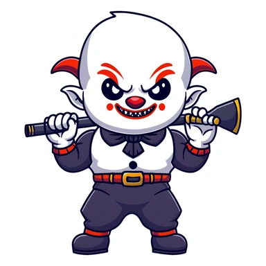 full-body muscular demonic clown in a black and white leisure suit with bellbottom pants, bald, with black ram horns, flashy black and white belt, ruffled white shirt, no neck tie, large fangs, holding a very large futuristic rifle sticker