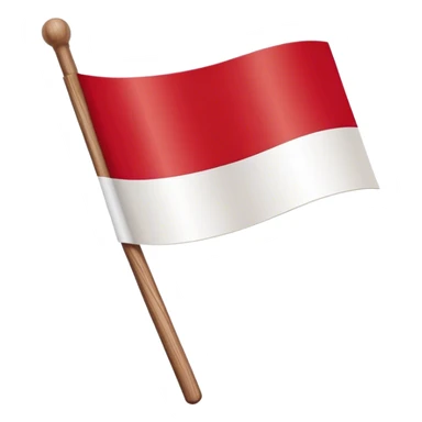 "A simple Polish flag on a wooden stick, waving slightly in the wind. The flag has two horizontal stripes: white on top and red on the bottom. The stick is light brown, made of wood, and slightly tilted to the right. The background is plain white sticker