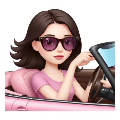 Pretty girl with long dark brown hair and pale skin wearing sunglasses driving convertible car with light pink interior. In the style of apple emoji sticker