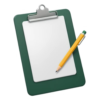 white sheet of paper with dark green clipboard, pencil at an angle, iOS emoji style, minimalism sticker