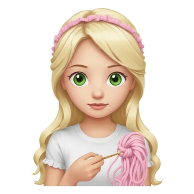 Knitting girl, blonde, long hair, light green eyes, the tshirt is white with ruffles, cute, the yarn is light pink sticker