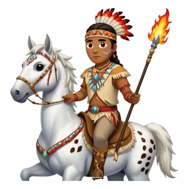 Male Chief Osceola wearing traditional Seminole garb and face paint , riding a white Appaloosa horse while holding a Native American spear that has feathers on tail and flames on spear head sticker