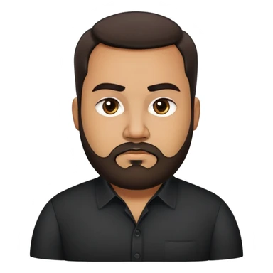Heavier-set producer with light brown skin, pear-shaped face, full cheeks, serious dark eyes, thick eyebrows, wide nose, confident expression, short well-groomed beard, very short dark hair, wearing a black dress shirt sticker