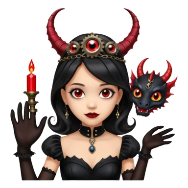 Lavish black evening gown with see-through gloves, Jenna Ortega as Addams woman wearing a steampunk mini tiara, very large blood red evil-looking horned old dragon evil eyes  sticker