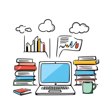 Academic research illustration showing a desktop with laptop, stacked reference books, coffee mug, and analytical charts and graphs. Hand-drawn colorful doodle with blue screen, vibrant book covers, and colorful data visualizations. sticker