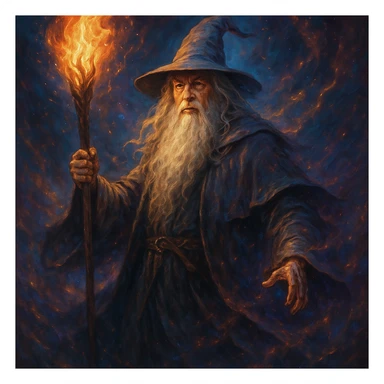 Gandalf wizard with a flaming staff, magical aura, vibrant colors, epic pose, cinematic fantasy sticker
