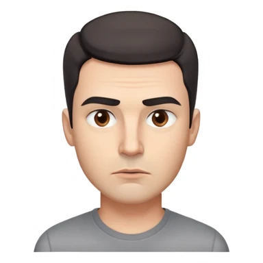 Professional man with square face, defined jawline, full cheeks, overtly skeptical expression, medium brown eyes with paranoid look, prominent eyebrows raised, wide nose, lips pressed together suspiciously, short dark hair, wearing a gray shirt sticker