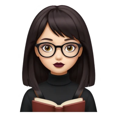 generate a pretty bratz girl with black small square spectacles, dark lipstick, black turtleneck , books in hand, dark brown straight long hair with bangs, eyeliner on,  sticker