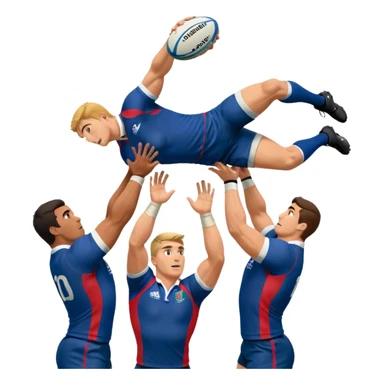 two rugby players lifting another player to catch a ball in a lineout in rugby, only 3 players in the image sticker