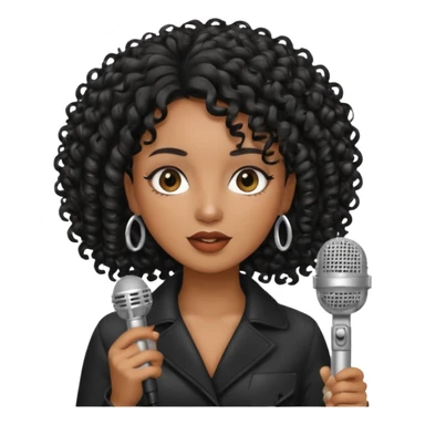 brown skin woman, curly black hair, singer, hold micro sticker