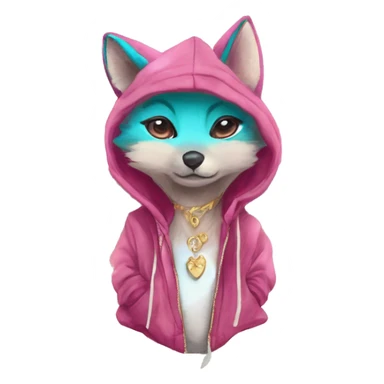 Pink magenta burgundy maroon cyan beige gray fox wearing a pink hoodie with gold jewellery gold piercings gold ear piercing gold nose piercing vintage watercolour tie dye black raven wings sticker