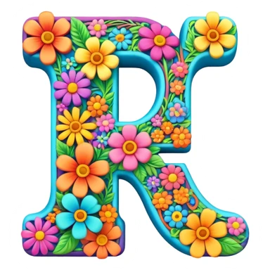3D style, psychedelic colored Letter F with hippie style flower border sticker