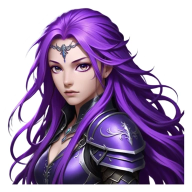 A mysterious warrior girl with long, flowing purple hair cascading down her back, strands catching the dim light like silk. Her piercing violet eyes glow beneath her furrowed brow, sharp with determination and wisdom beyond her years. She wears sleek black armor, a perfect fusion of elegance and lethality, adorned with intricate silver engravings resembling ancient runes. A dark cape billows behind her, torn at the edges from countless battles. Her gauntleted hands rest on the hilt of a slender, obsidian-hued sword, its blade humming faintly with hidden power.  sticker