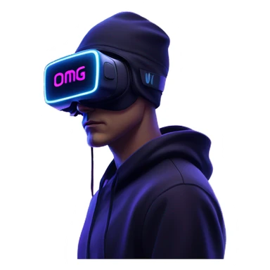 Russian man wearing a black hoodie with "OMG" letters on it and VR headset in a cyberpunk VR environment with violet neon lighting. sticker