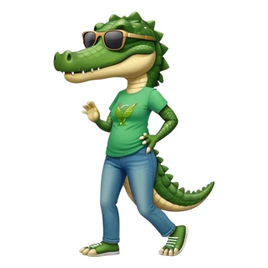 anthropomorphised female crocodile in a band t-shirt and jeans with sunglasses walking upright, relaxed pose sticker
