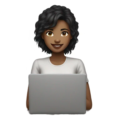 Girl with a wolf cut hair with a laptop smiling black hair white skin tone brown color of eyes tired look but smiling with just lips not curly sticker