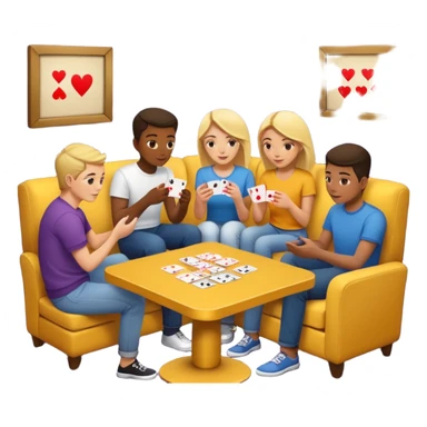 group of friends on couch playing a card game couch should be deep dark yellow color sticker