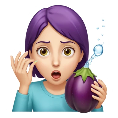 surprised woman with wide eyes, eggplant squirting water as she bites it sticker