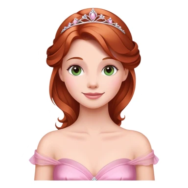 Cinematic Radiant Sleeping Beauty Portrait Emoji, rendered in a realistic, vector style with clean proportions. Show Aurora with a gentle smile, porcelain skin, and beautifully styled auburn hair, wearing her classic pink gown. The image glows with a soft, inviting radiance and high shine, accentuated by a soft glowing outline that enhances her graceful charm. sticker