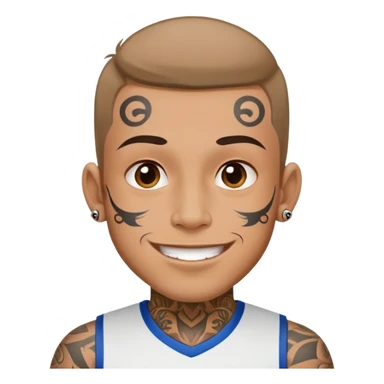 man with small face tattoos, cheerful expression, wearing a jersey sticker