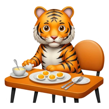Tiger sitting by a table on a chair with a plate of eggs and bacon in front of him on the table place setting sticker