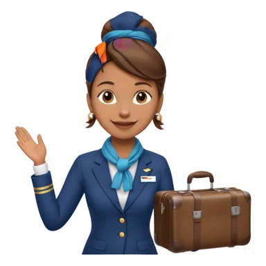flight attendant, Light Brown skin, brown hair in single bun, neck scarf, suitcase sticker