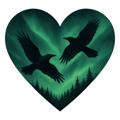 heart with green night sky and dark ravens, remove background sticker