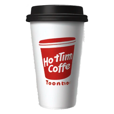 “Red Tim Hortons coffee cup with bold white script logo, black plastic lid, and smooth, minimalist design.” sticker