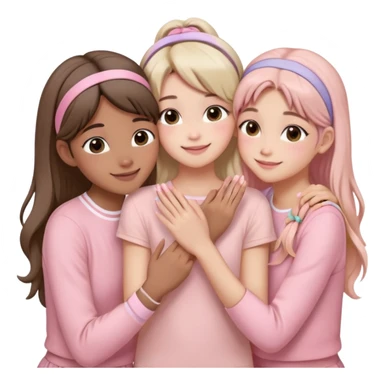 Four girls hugging each other, all wearing soft pink clothes, two with long hair and two with shoulder-length short hair, smiling, with hair accessories like headbands or ribbons, pastel color palette, soft shading, make someone pose with two fingers and someone kisses his cheek sticker