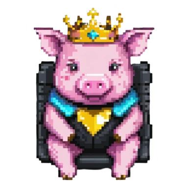 simple minimal pixel art pig with a golden crown sitting on a throne, blocky and square like Minecraft sticker