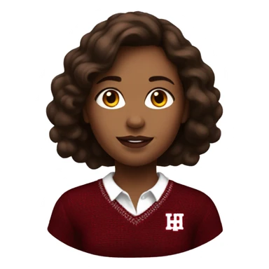 Girl with tannish white skin and brown hair wearing a dark red and white sweater with the Harvard University logo on it sticker
