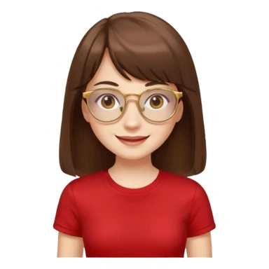 chica con piel blanca sonriendo, ojos marrones y pelo marrón largo hasta la cintura con flequillo y lentes dorados con remera roja. sticker