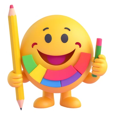 3D smiley emoji, round shape, interior designer with color swatch and pencil, text 'Belsőépítész' sticker