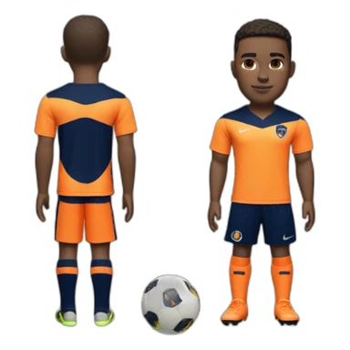 Light skinned Soccer player in tangerine top with navy sleeves, navy shorts with tangerine flash, navy socks with tangerine flash  and orange kit sticker