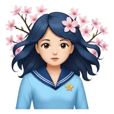  A white girl with a Black long hair, and a baby blue sailor suit, enjoying the spring breeze，Wearing cherry blossoms on your hair sticker