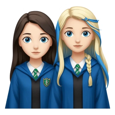 a pretty ravenclaw girl with long dark brown hair and blue eyes standing with a pretty Slytherin girl with long blonde hair, blue eyes sticker
