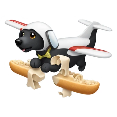 A black Labrador retriever eating a bone on a flying airplane sticker